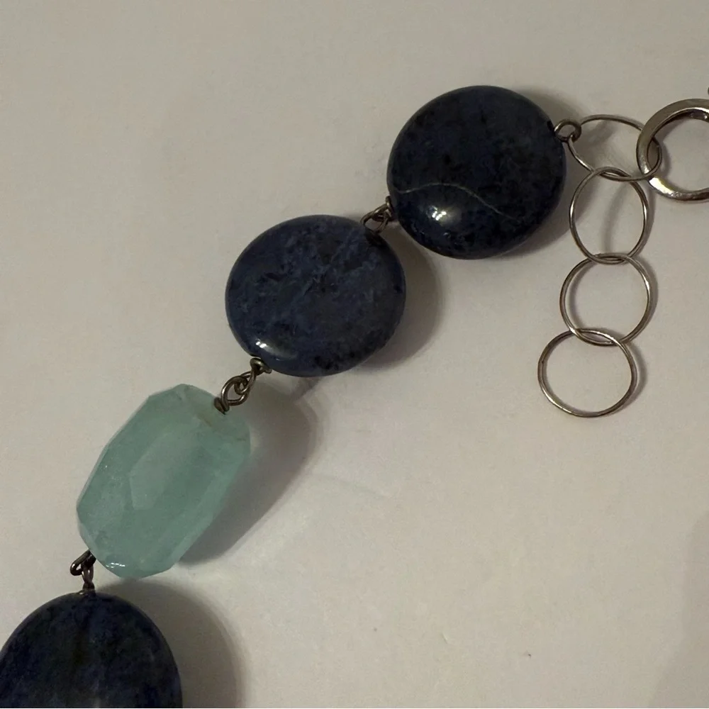 NECKLACE DUMORTIERITE BLUE & GREEN QUARTZ CHUNKY STATEMENT STERLING SILVER 925